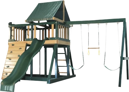Maintenance free large swing set with slide and climbing wall