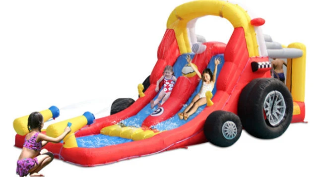 kids having fun with inflatable pool water slides